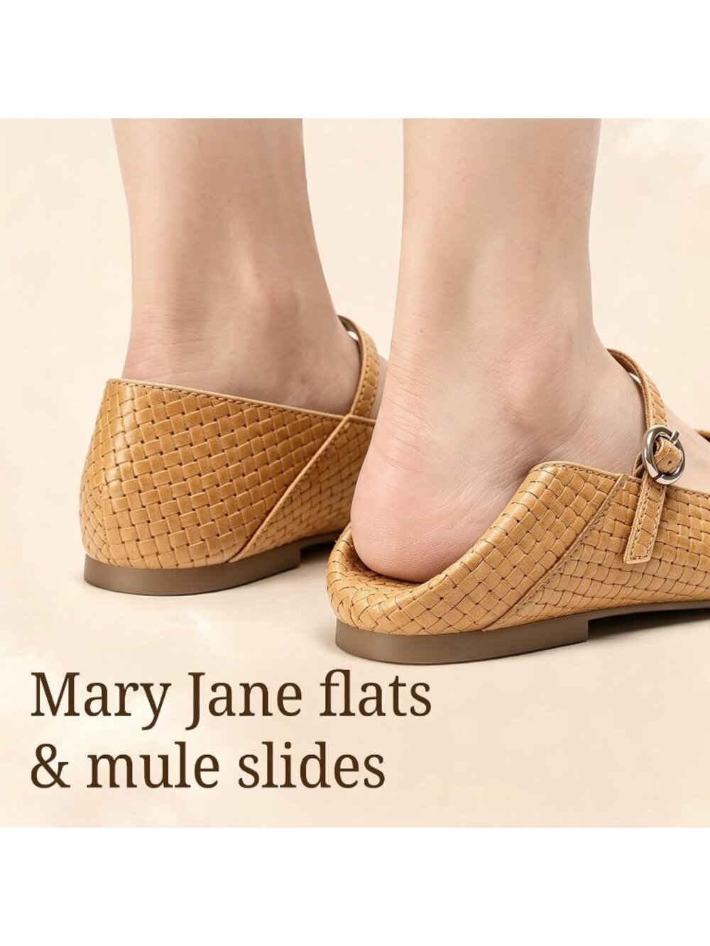 Women's Light Brown Mary Jane Non Slip Work Ballet Flats Square Closed Toe Shoes - Picture 3 of 6